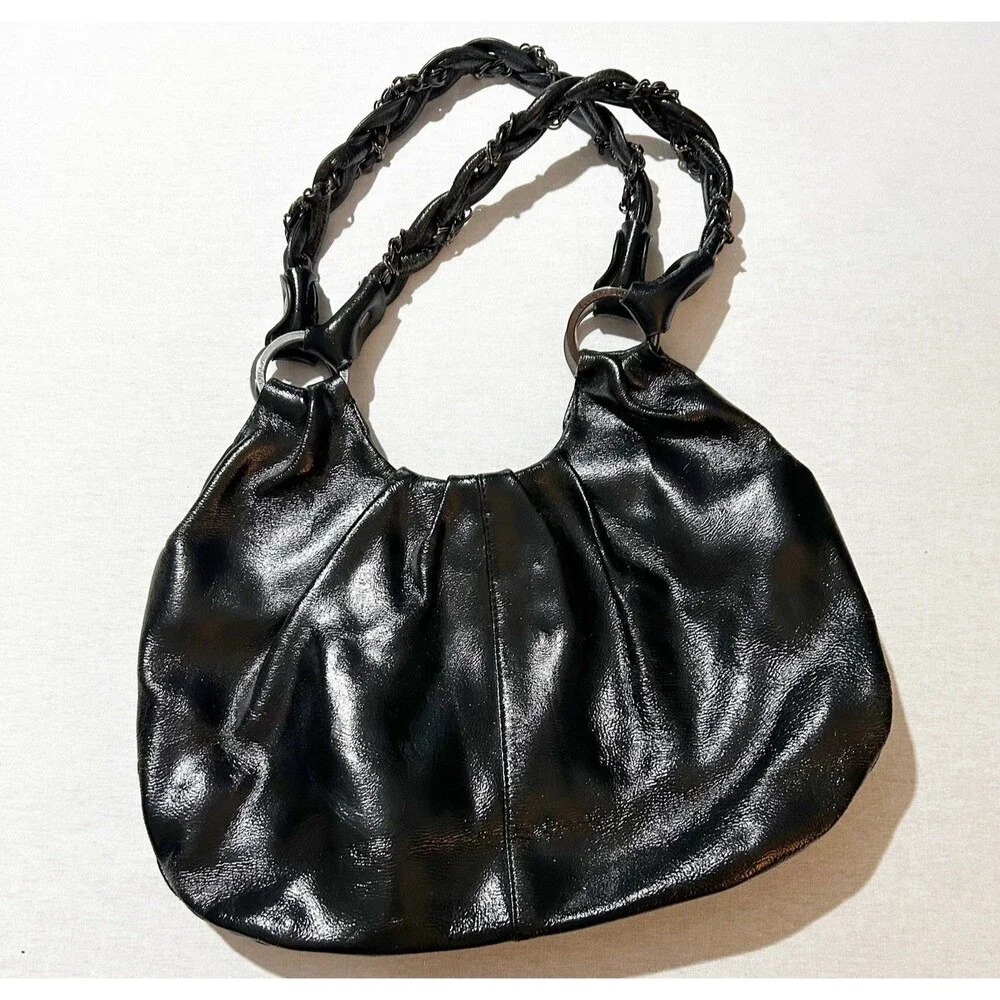 Elliott Lucca Black Patent Leather Classy Pleated Hobo Bag Shoulder Satchel